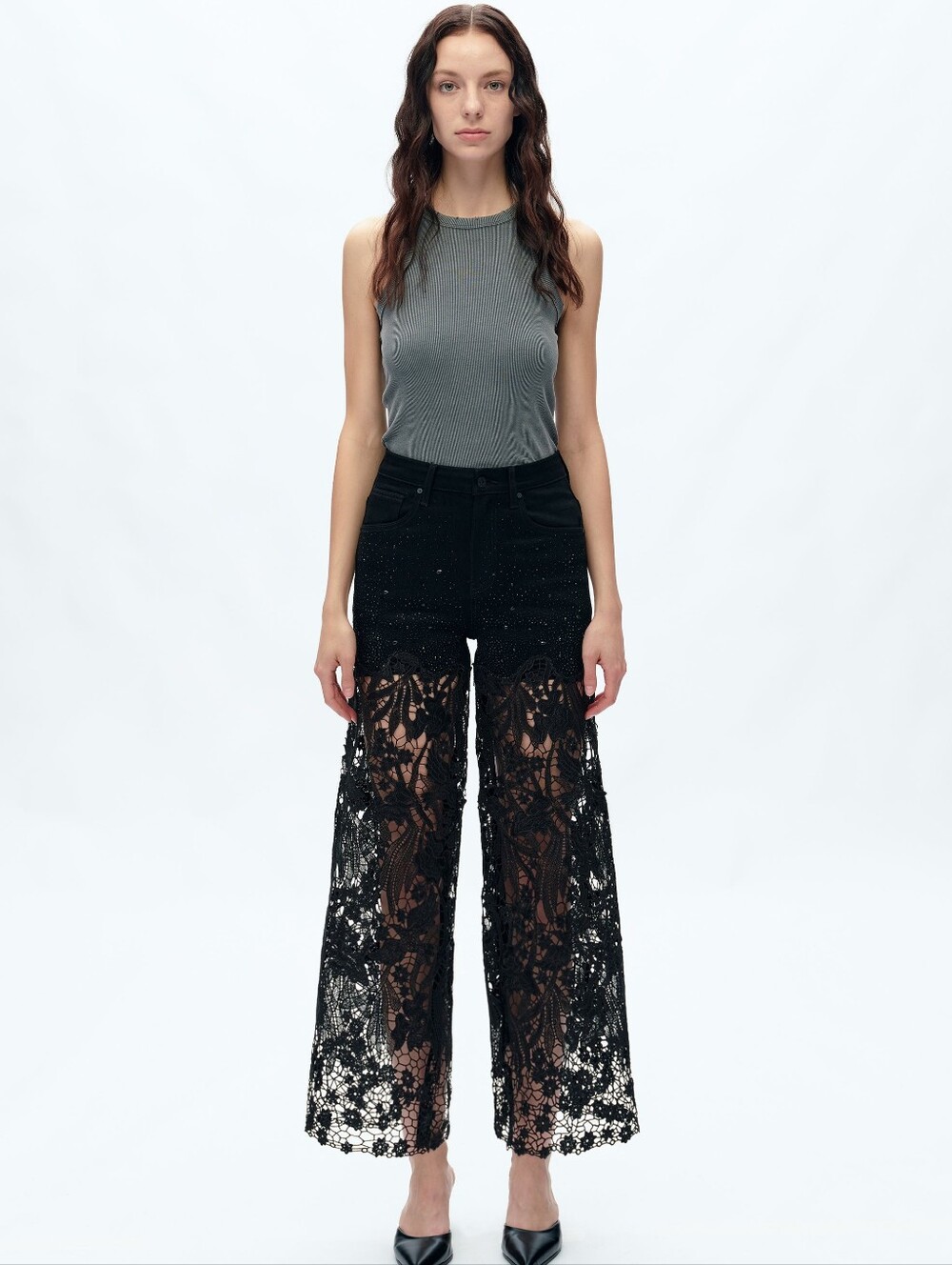 Bayeas Black Rhinestone Lace Wide Leg Jeans Size 32 Statement Denim